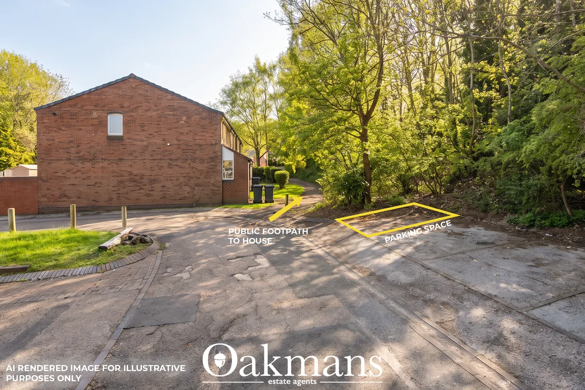 Modern brick-built house with gabled roof, approached via public footpath and marked parking space through wooded settin
