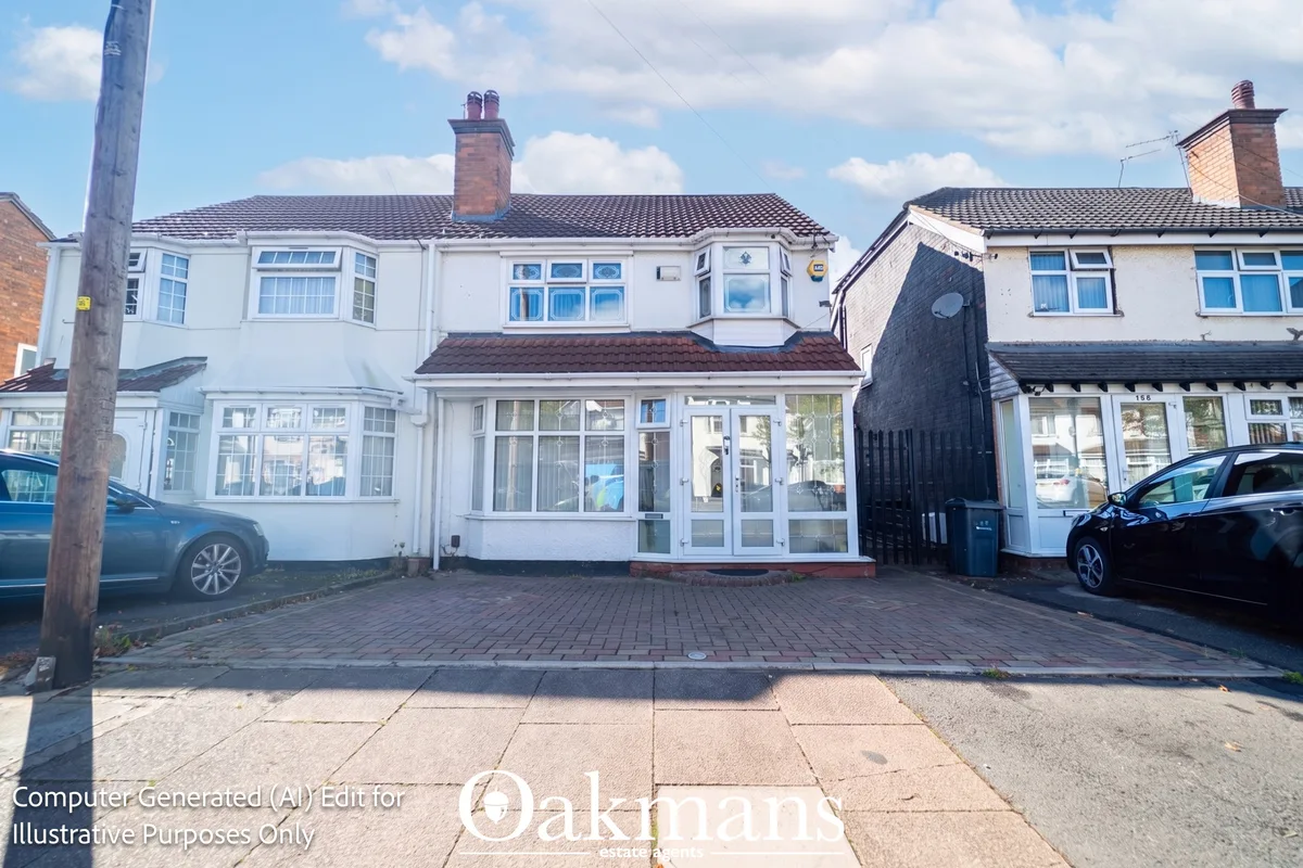 White semi-detached house with brick chimney, bay windows, block paved driveway and parked cars on residential street