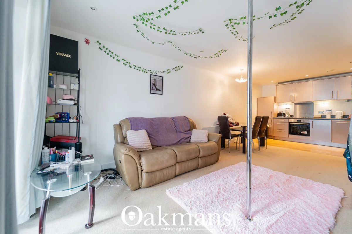 Open-plan living room with beige leather reclining sofa, pink rug, small desk, decorative climbing plants on ceiling, an