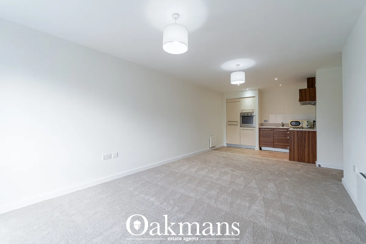 Open-plan living and kitchen area with cream units, wooden cabinetry, grey carpet flooring, white ceiling with pendant l