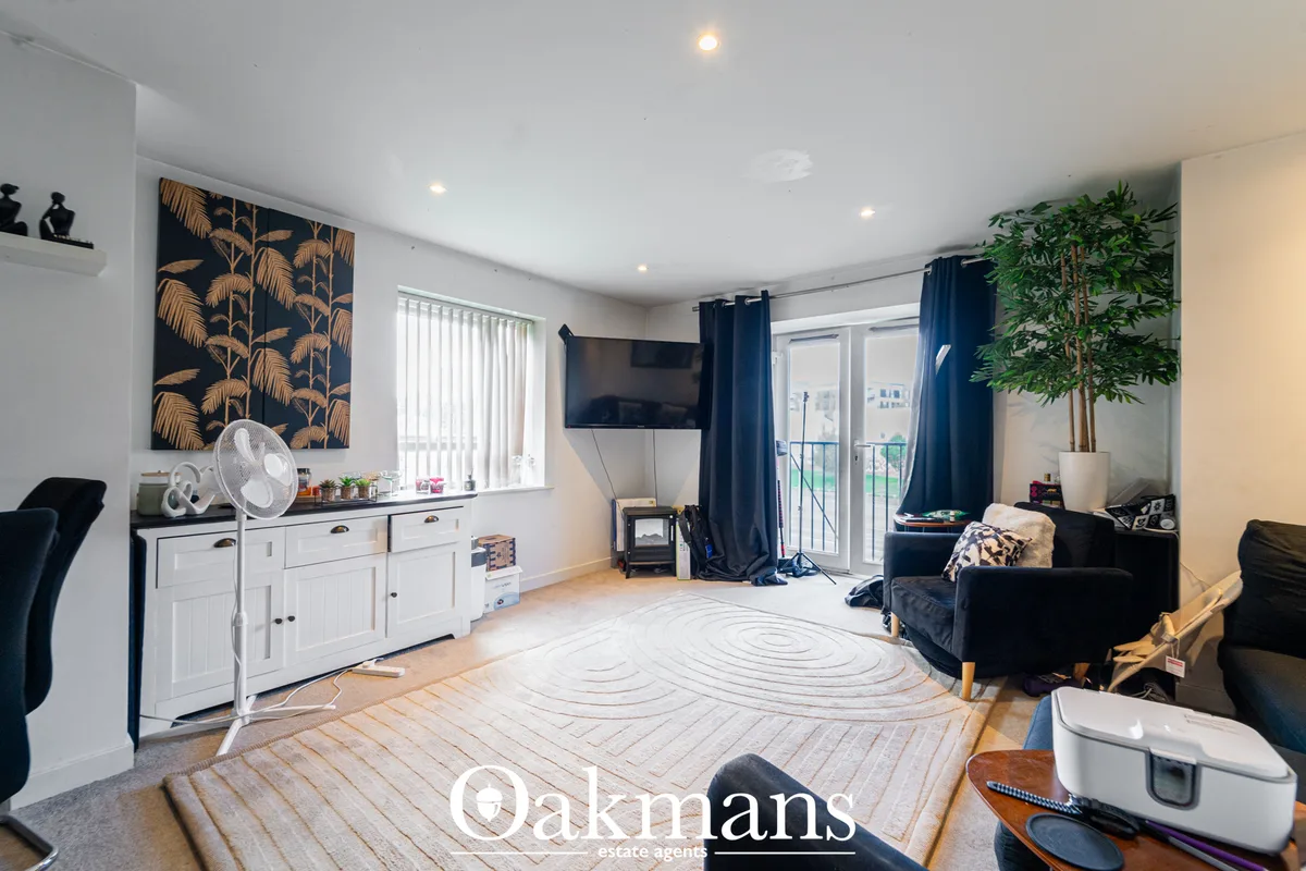 Spacious living room with white storage units, wall-mounted TV, black sofa, patterned rug, potted plant, blue curtains a