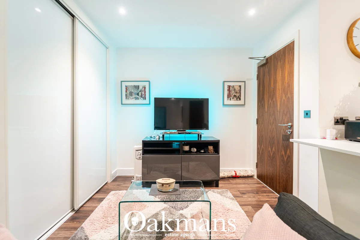 Modern living room with flat-screen TV on black media unit, pink and grey rug, glass coffee table, light wood flooring a
