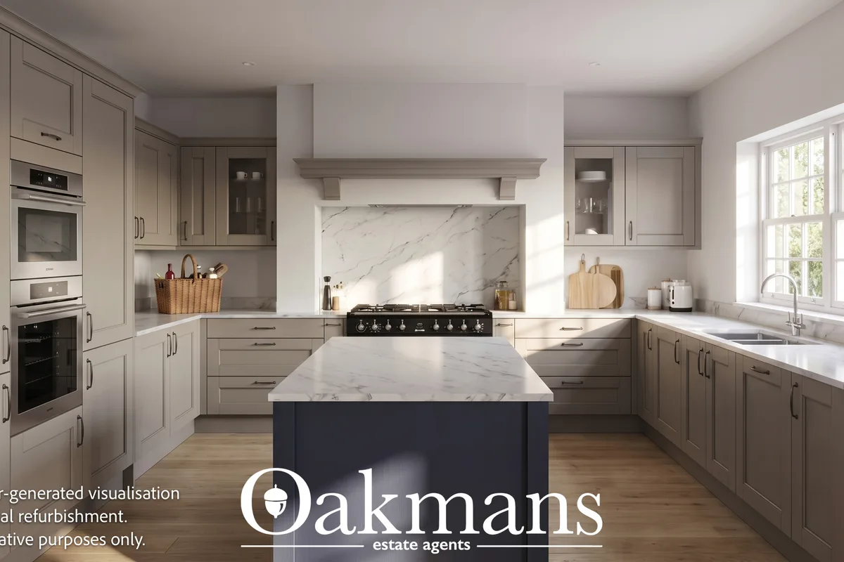 Modern fitted kitchen with grey cabinetry, marble worktops, black range cooker, island unit and stainless steel applianc