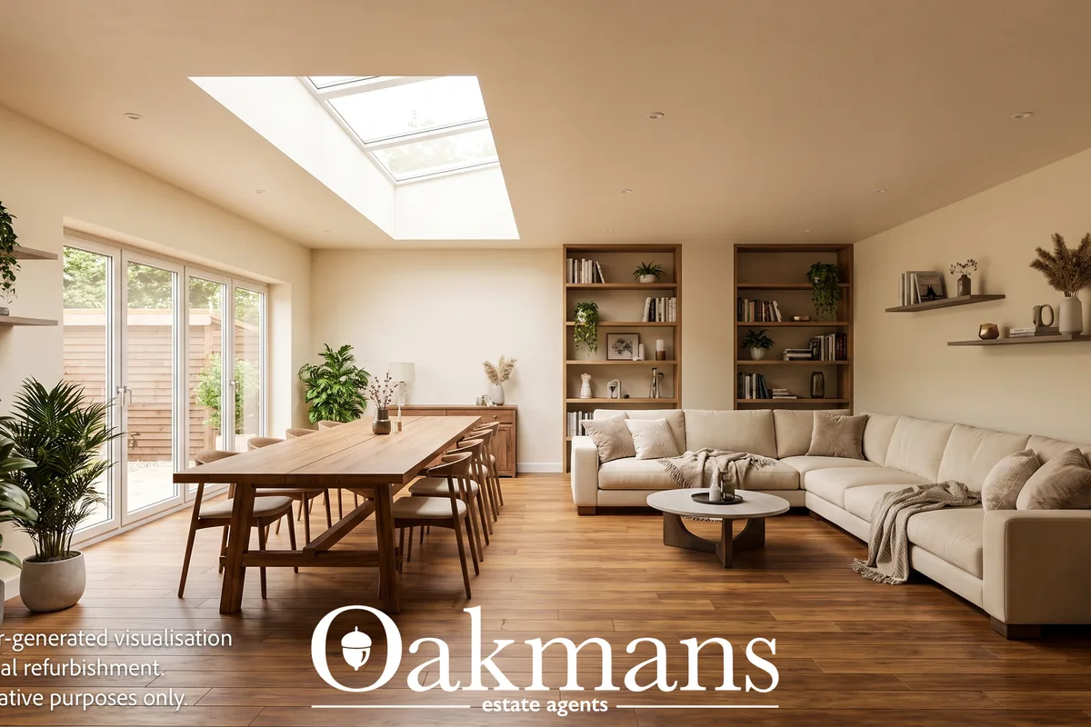 Open-plan living and dining space with cream L-shaped sofa, wooden dining table, built-in shelving, skylights and glazed