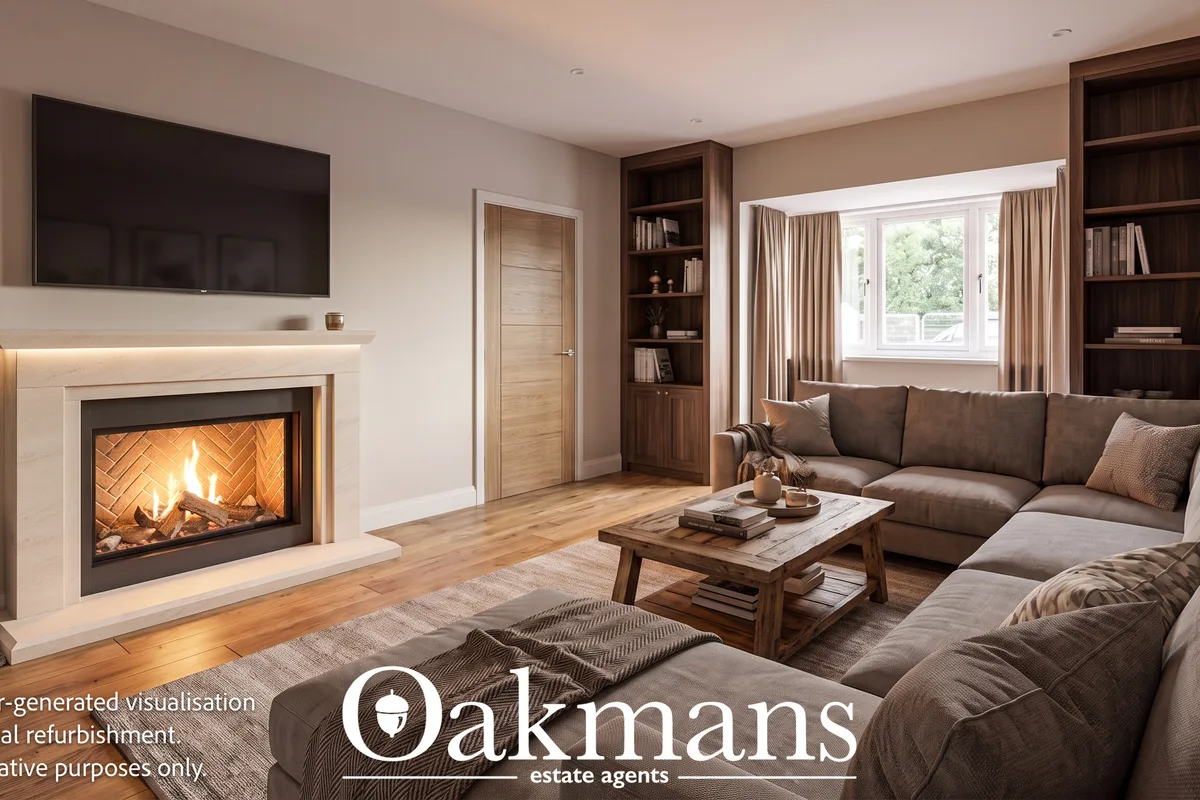 Spacious living room with corner sofa, fireplace with gas stove, bookcase shelving, television, coffee table and bay win