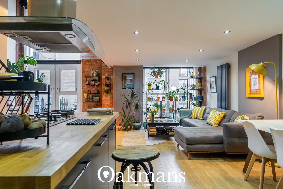 Open-plan living area with grey L-shaped sofa, yellow and grey cushions, shelving unit with plants, kitchen area with wo